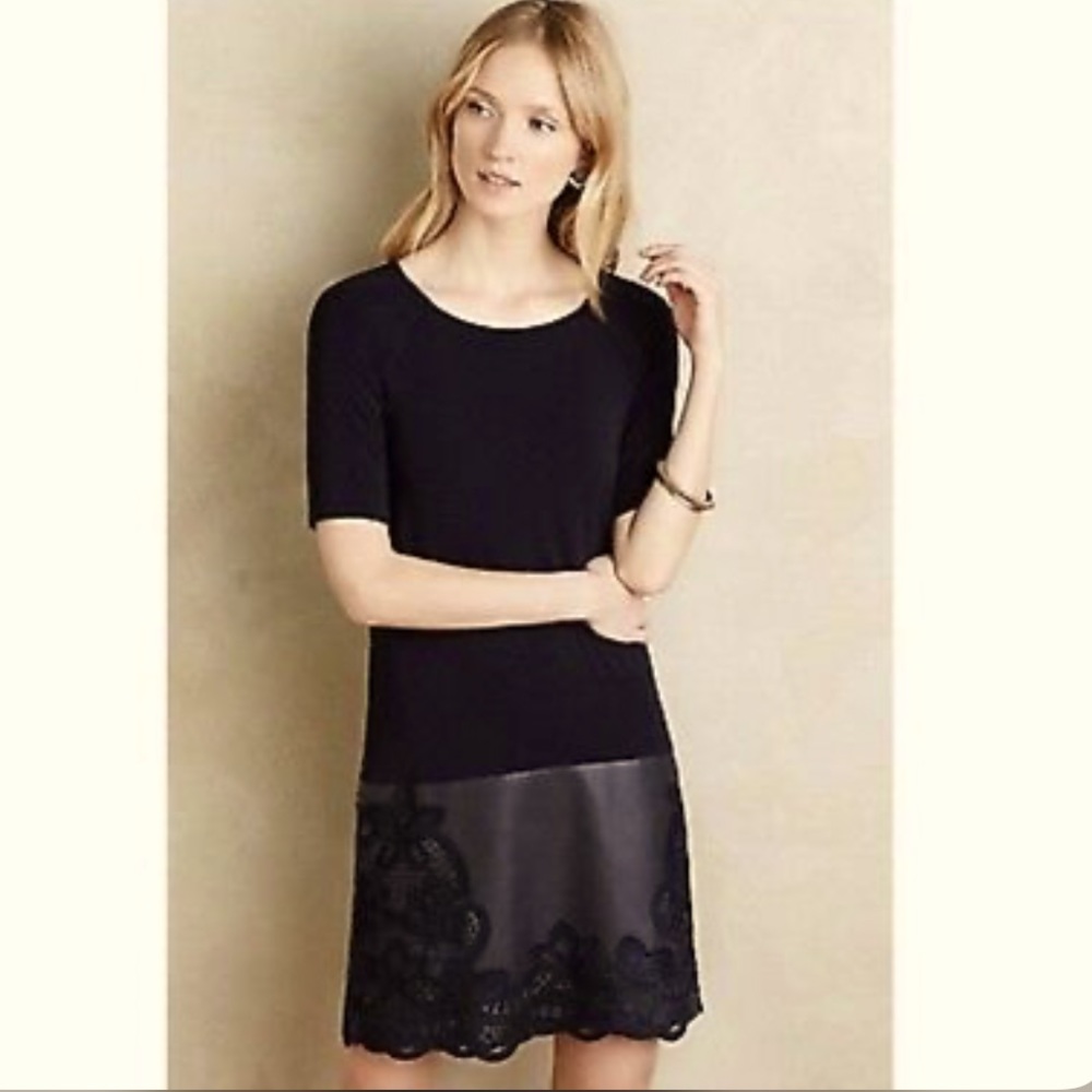 Anthropologie Bailey 44 Drop Waist Vegan Leather dress with lace overlay skirt